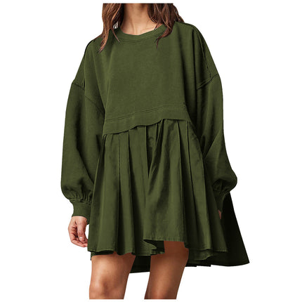 Women's Oversized Long Sleeve Sweatshirt Dress Patchwork Pullover Loose Pleated Skirt Top