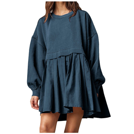 Women's Oversized Long Sleeve Sweatshirt Dress Patchwork Pullover Loose Pleated Skirt Top