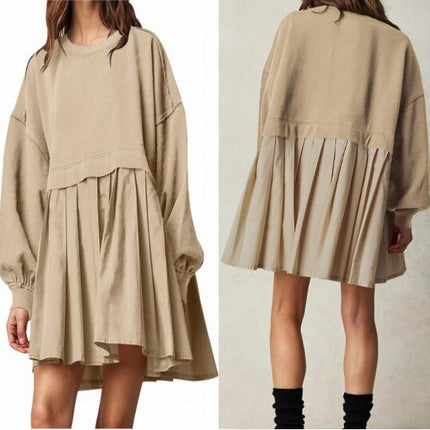 Women's Oversized Long Sleeve Sweatshirt Dress Patchwork Pullover Loose Pleated Skirt Top