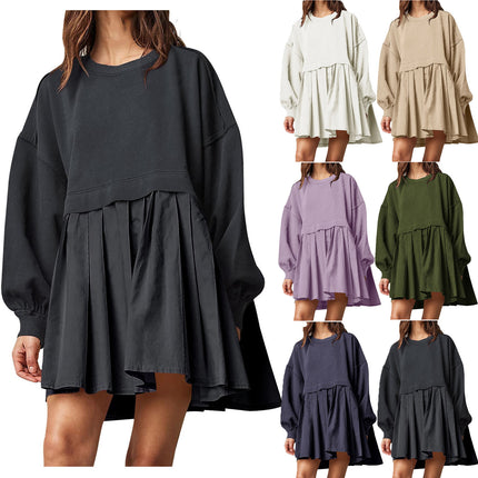 Women's Oversized Long Sleeve Sweatshirt Dress Patchwork Pullover Loose Pleated Skirt Top