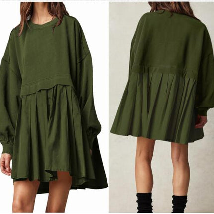 Women's Oversized Long Sleeve Sweatshirt Dress Patchwork Pullover Loose Pleated Skirt Top