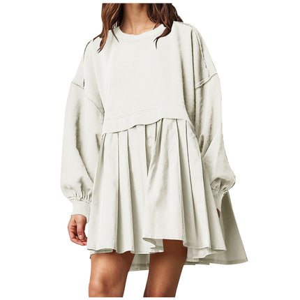 Women's Oversized Long Sleeve Sweatshirt Dress Patchwork Pullover Loose Pleated Skirt Top