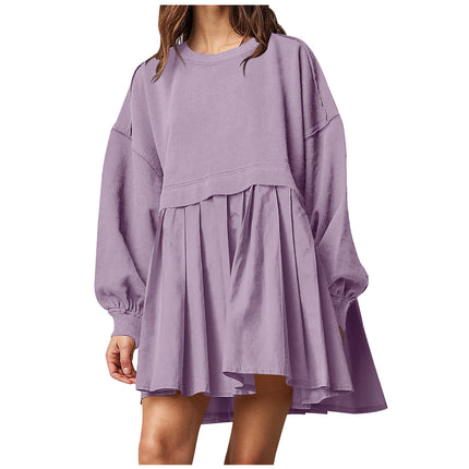 Women's Oversized Long Sleeve Sweatshirt Dress Patchwork Pullover Loose Pleated Skirt Top