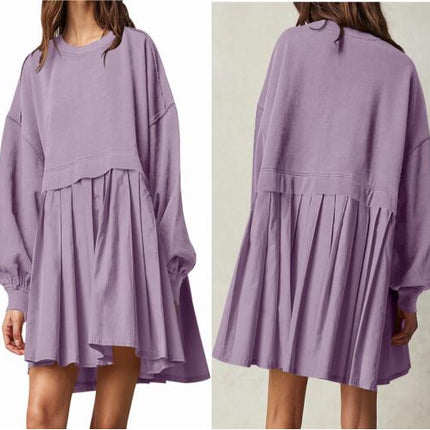 Women's Oversized Long Sleeve Sweatshirt Dress Patchwork Pullover Loose Pleated Skirt Top