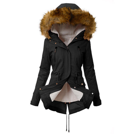 Women's Winter Thickened Parker Jacket Lined Faux Fur Collar Hooded Mid-Length Coat