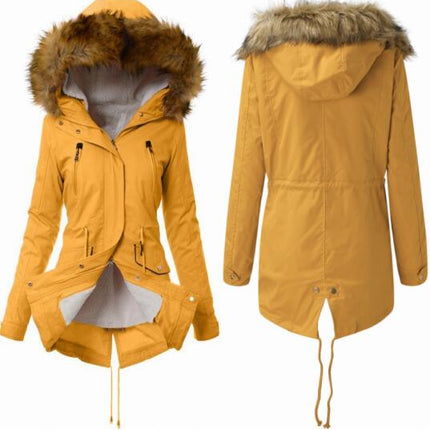 Women's Winter Thickened Parker Jacket Lined Faux Fur Collar Hooded Mid-Length Coat