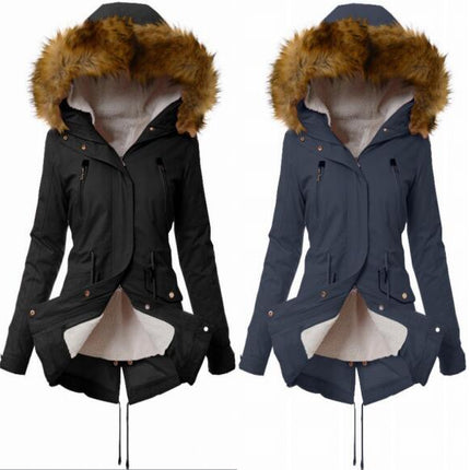 Women's Winter Thickened Parker Jacket Lined Faux Fur Collar Hooded Mid-Length Coat