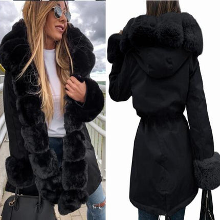 Women's Winter Thickened Parker Jacket Removable Hair Collar Zipper Fashion Long Coat