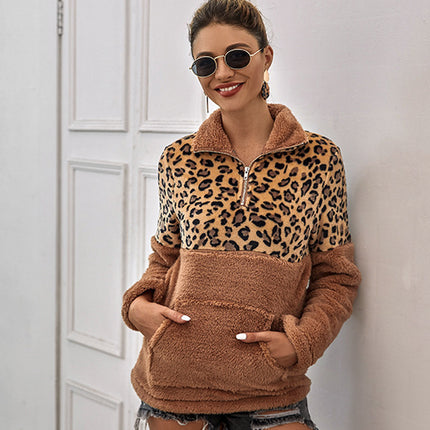 Women's Leopard Print Patchwork Top Pullover Fleece Sweatshirt With Pockets Warm Jacket