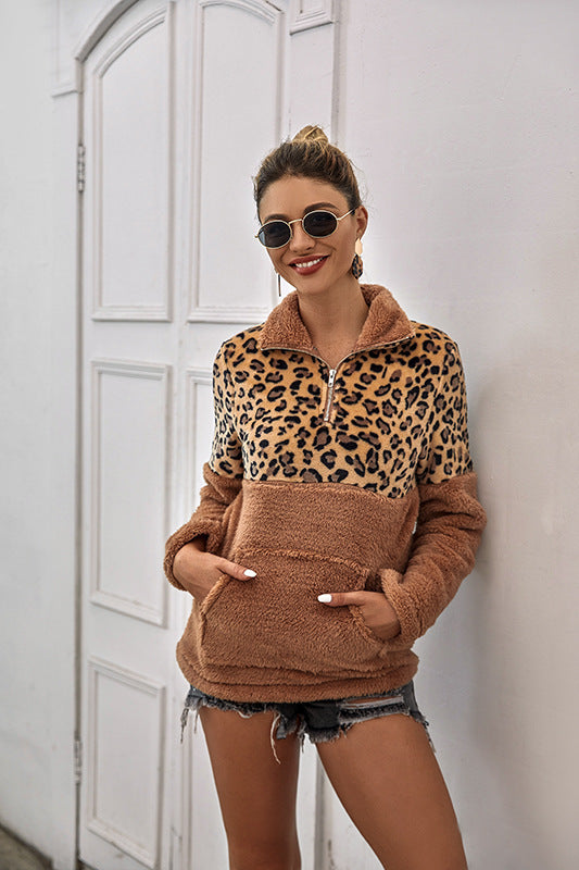 Women's Leopard Print Patchwork Top Pullover Fleece Sweatshirt With Pockets Warm Jacket