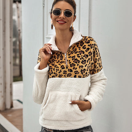 Women's Leopard Print Patchwork Top Pullover Fleece Sweatshirt With Pockets Warm Jacket