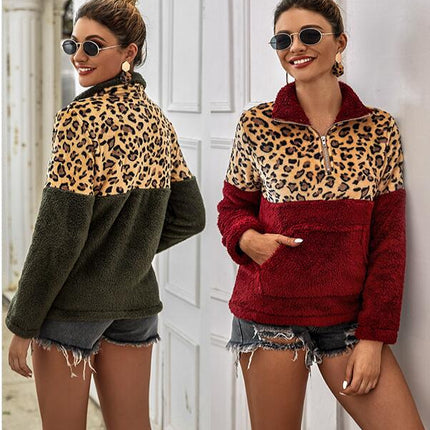 Women's Leopard Print Patchwork Top Pullover Fleece Sweatshirt With Pockets Warm Jacket