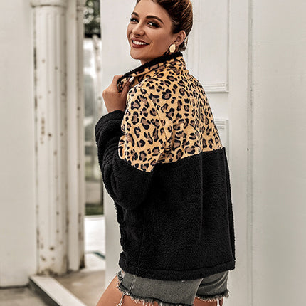 Women's Leopard Print Patchwork Top Pullover Fleece Sweatshirt With Pockets Warm Jacket