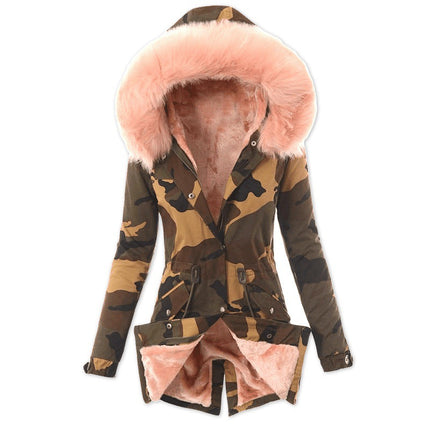 Ladies Casual Camouflage Jacket with Pockets Padded and Thickened Faux Fur Collar Hooded