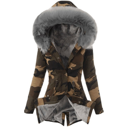 Ladies Casual Camouflage Jacket with Pockets Padded and Thickened Faux Fur Collar Hooded