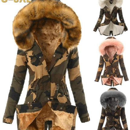 Ladies Casual Camouflage Jacket with Pockets Padded and Thickened Faux Fur Collar Hooded