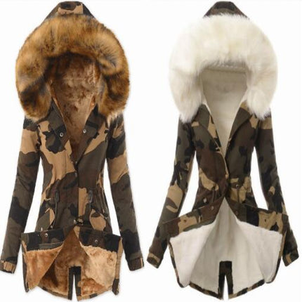 Ladies Casual Camouflage Jacket with Pockets Padded and Thickened Faux Fur Collar Hooded