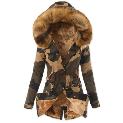 Ladies Casual Camouflage Jacket with Pockets Padded and Thickened Faux Fur Collar Hooded