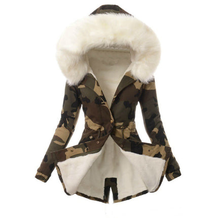 Ladies Casual Camouflage Jacket with Pockets Padded and Thickened Faux Fur Collar Hooded