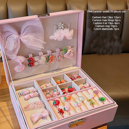 Girls Hair Accessory Set-with Double Jewelry Box-Includes Cute Cartoon Animal Hair Clips, Flower Hair Band Hair Rope