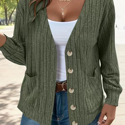 Women's Fashion Solid Color Mid-Long Sleeve V-Neck Cardigan With Pockets Cardigan Jacket Work Sweater