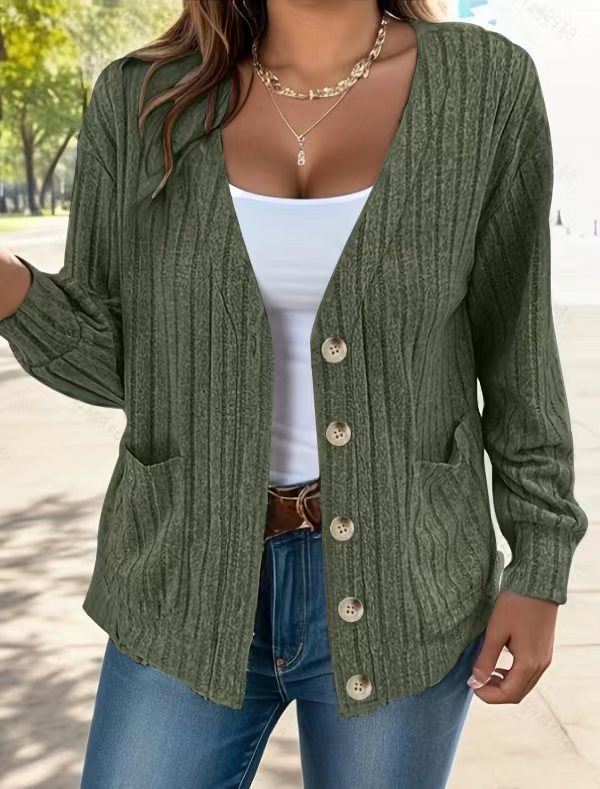 Women's Fashion Solid Color Mid-Long Sleeve V-Neck Cardigan With Pockets Cardigan Jacket Work Sweater