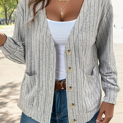 Women's Fashion Solid Color Mid-Long Sleeve V-Neck Cardigan With Pockets Cardigan Jacket Work Sweater