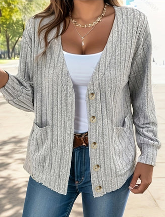 Women's Fashion Solid Color Mid-Long Sleeve V-Neck Cardigan With Pockets Cardigan Jacket Work Sweater