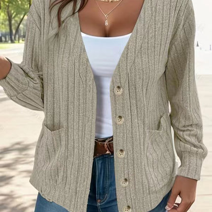 Women's Fashion Solid Color Mid-Long Sleeve V-Neck Cardigan With Pockets Cardigan Jacket Work Sweater