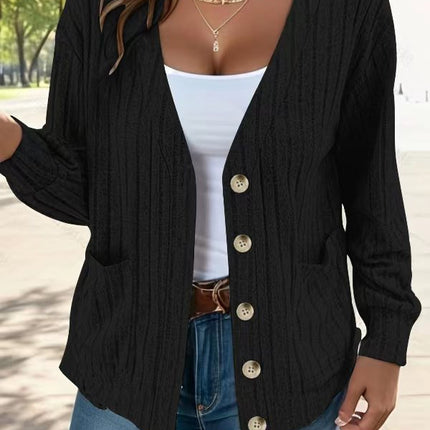 Women's Fashion Solid Color Mid-Long Sleeve V-Neck Cardigan With Pockets Cardigan Jacket Work Sweater