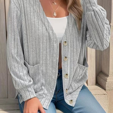 Women's Fashion Solid Color Mid-Long Sleeve V-Neck Cardigan With Pockets Cardigan Jacket Work Sweater