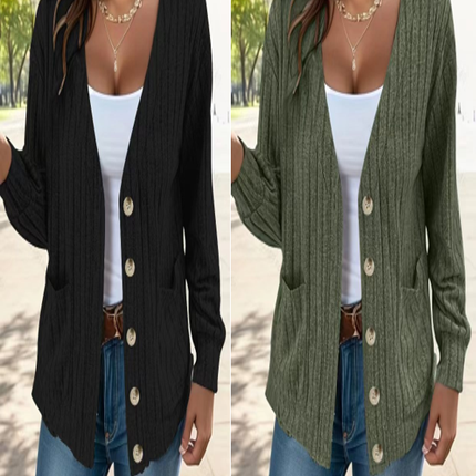 Women's Fashion Solid Color Mid-Long Sleeve V-Neck Cardigan With Pockets Cardigan Jacket Work Sweater