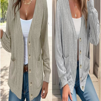 Women's Fashion Solid Color Mid-Long Sleeve V-Neck Cardigan With Pockets Cardigan Jacket Work Sweater