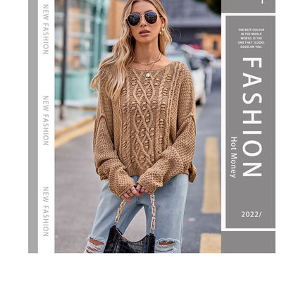 Women's Button Rope Twist Knit Sweater Round Neck Drop Shoulder Sweater Loose Solid Color Pullover Sweater