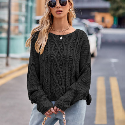 Women's Button Rope Twist Knit Sweater Round Neck Drop Shoulder Sweater Loose Solid Color Pullover Sweater