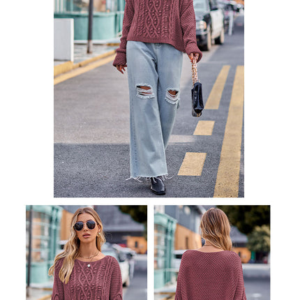 Women's Button Rope Twist Knit Sweater Round Neck Drop Shoulder Sweater Loose Solid Color Pullover Sweater