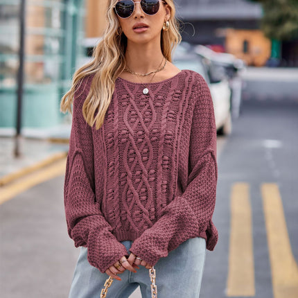 Women's Button Rope Twist Knit Sweater Round Neck Drop Shoulder Sweater Loose Solid Color Pullover Sweater