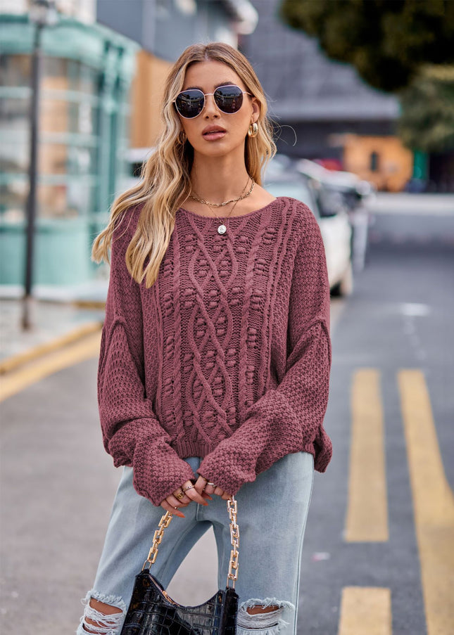 Women's Button Rope Twist Knit Sweater Round Neck Drop Shoulder Sweater Loose Solid Color Pullover Sweater