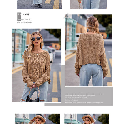 Women's Button Rope Twist Knit Sweater Round Neck Drop Shoulder Sweater Loose Solid Color Pullover Sweater