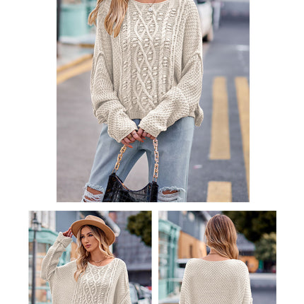 Women's Button Rope Twist Knit Sweater Round Neck Drop Shoulder Sweater Loose Solid Color Pullover Sweater