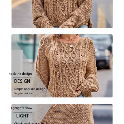 Women's Button Rope Twist Knit Sweater Round Neck Drop Shoulder Sweater Loose Solid Color Pullover Sweater