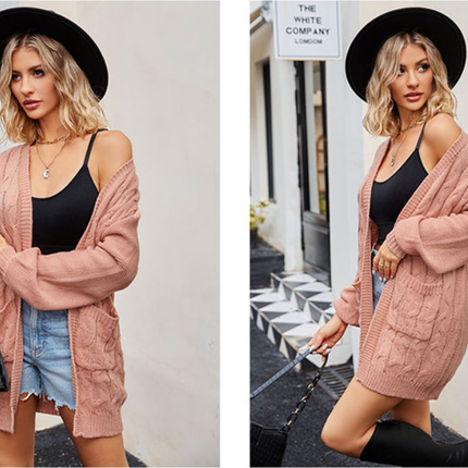 Women's mid-length cardigan sweater Fashion twisted knit cardigan jacket (with pockets) Solid color cardigan knit fall and winter models