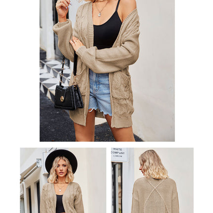 Women's mid-length cardigan sweater Fashion twisted knit cardigan jacket (with pockets) Solid color cardigan knit fall and winter models