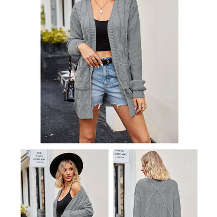 Women's mid-length cardigan sweater Fashion twisted knit cardigan jacket (with pockets) Solid color cardigan knit fall and winter models