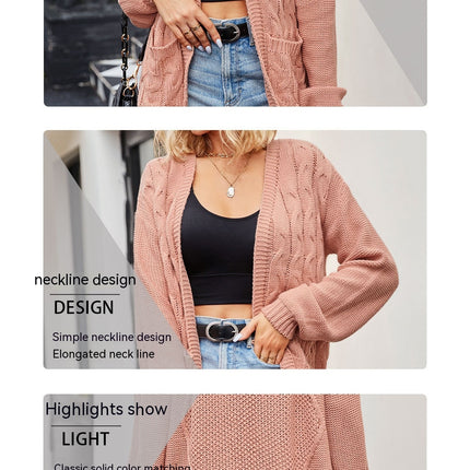 Women's mid-length cardigan sweater Fashion twisted knit cardigan jacket (with pockets) Solid color cardigan knit fall and winter models