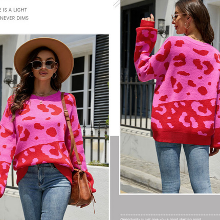 Women's Casual Sweater Pullover Leopard Long Sleeve Basic Color Block Pullover Sweater Cozy Crew Neck Knit Sweater Top