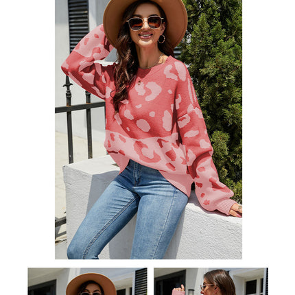 Women's Casual Sweater Pullover Leopard Long Sleeve Basic Color Block Pullover Sweater Cozy Crew Neck Knit Sweater Top