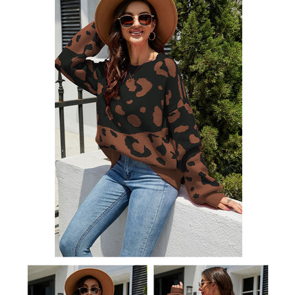 Women's Casual Sweater Pullover Leopard Long Sleeve Basic Color Block Pullover Sweater Cozy Crew Neck Knit Sweater Top