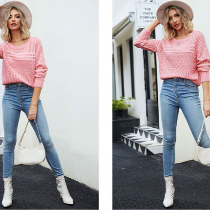 Women's Autumn Fashion Sweater Round Neck Sexy Hollow Pullover Sweater Solid Color Diamond Hollow Pullover Top