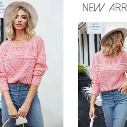 Women's Autumn Fashion Sweater Round Neck Sexy Hollow Pullover Sweater Solid Color Diamond Hollow Pullover Top